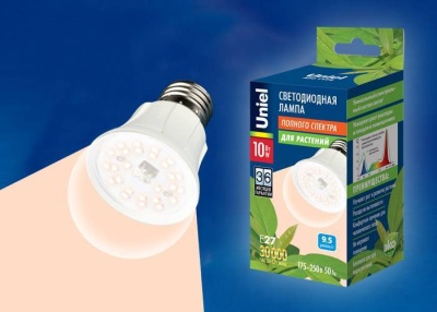 лампа светодиодная для растений. форма "a", прозрачная.led-a60-10w/spfb/e27/cl plp30wh спектр для фотосинтеза. картон. тм uniel, шк 4690485137290