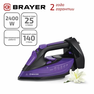 4016br утюг brayer, 2400 вт, керамич, пар 140 г/мин, антикапля, беспровод, 350 мл, верт отпарив.