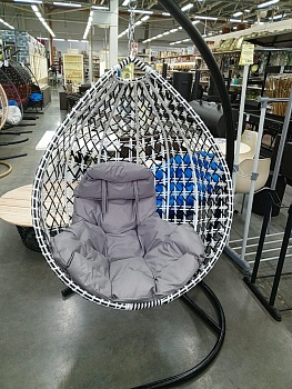 подвесное кресло капля люкс двуцветное с ротангом, чёрное/белое, серая подушка