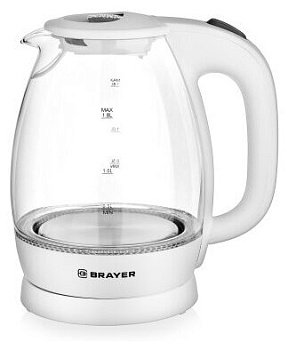 1013br-wh чайник электрический,brayer, 2200 вт, 1,8 л, высокопроч.стекл, подсвет, автоотк, моющ. фил