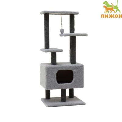 домик для кошек с когтеточкой, 54?34?80 см, с овальной полкой, пушистый мех, джут, серый