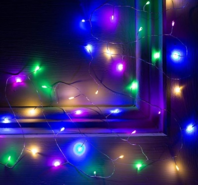 гирлянда "мишура" 1 м роса, ip20, серебр.нить, 100 led, мульти, 2 режима, 3 х aa