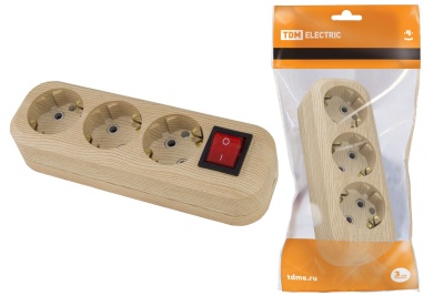 колодка розеточная 3 гнезда 2п+3 с выключателем 16а 250в "эко"(сосна) tdm sq1806-0049