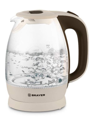 1045br-bn чайник электрический brayer, 2200 вт, 1,8 л, высококач. стекло, моющ. фильтр,поворот.осно