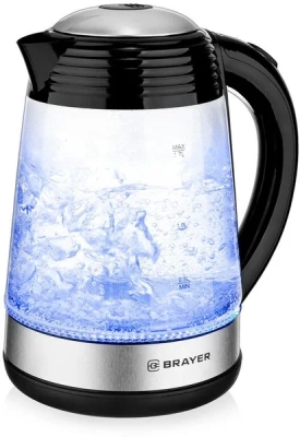 1012br- bkчайник электрический brayer, 2200 вт, 1,7 л, высококач.стекло, подсвет, автоотключ.