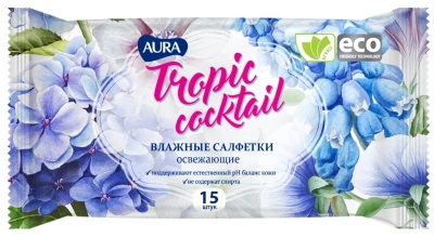 влажные салфетки 15шт/уп, освежающие aura tropic cocktail кк арт.8136