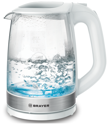 1040br-wh чайник электрический brayer.2220вт, 2 л, стекл., белый.