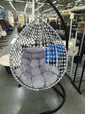 подвесное кресло капля люкс двуцветное с ротангом, чёрное/белое, серая подушка