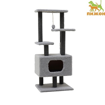 домик для кошек с когтеточкой, 54?34?80 см, с овальной полкой, пушистый мех, джут, серый