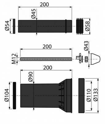 соединительный комплект из пнд д/подвесного унитаза,d45/90,l20см (белый, для инсталляции) alcaplast
