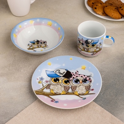 набор детской посуды доляна «совы тинейджеры», 3 предмета: кружка 230 мл, миска 400 мл, тарелка 18 см